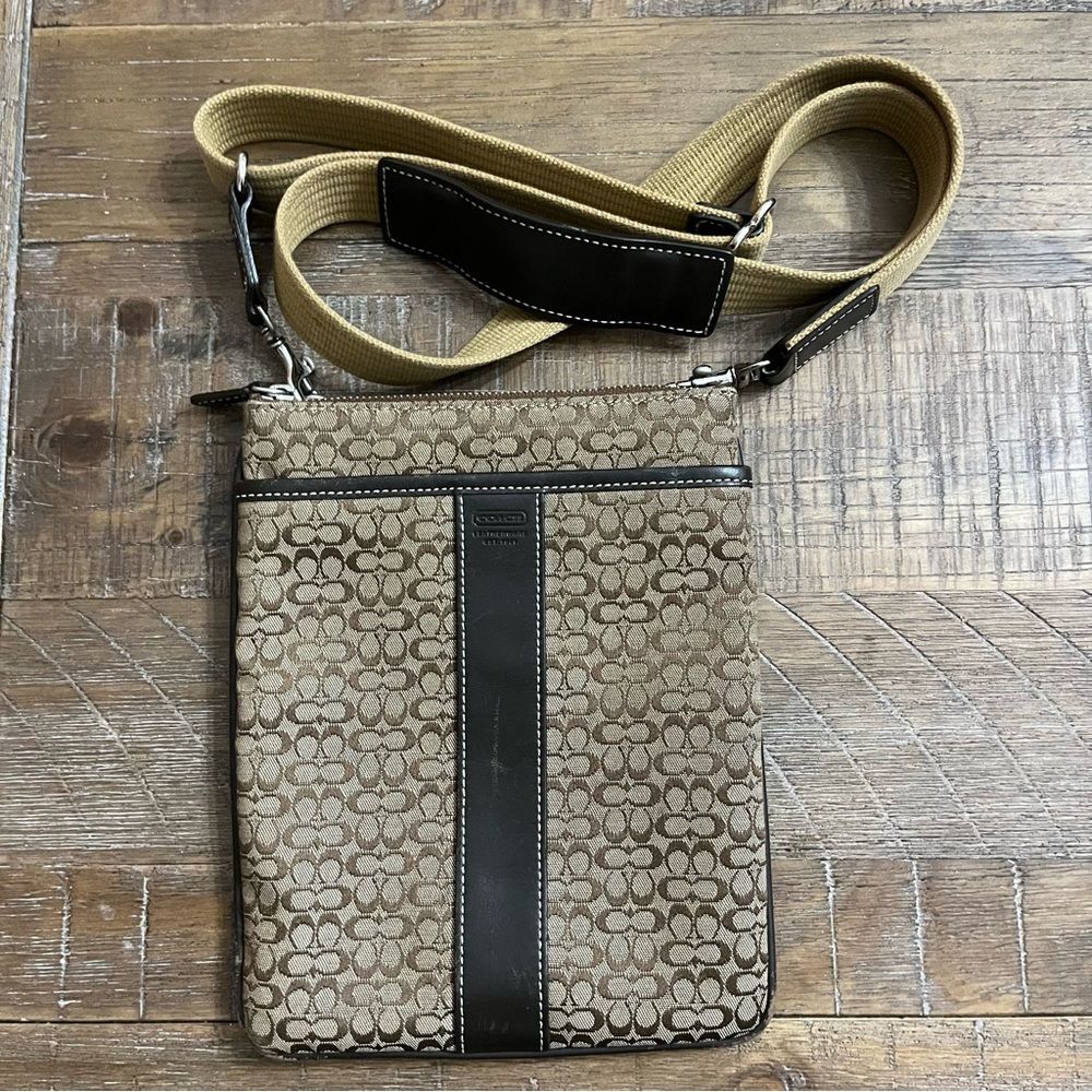 Coach Canvas Leather Trim Tan Brown Crossbody Filebag Signature Travel Purse Y2K